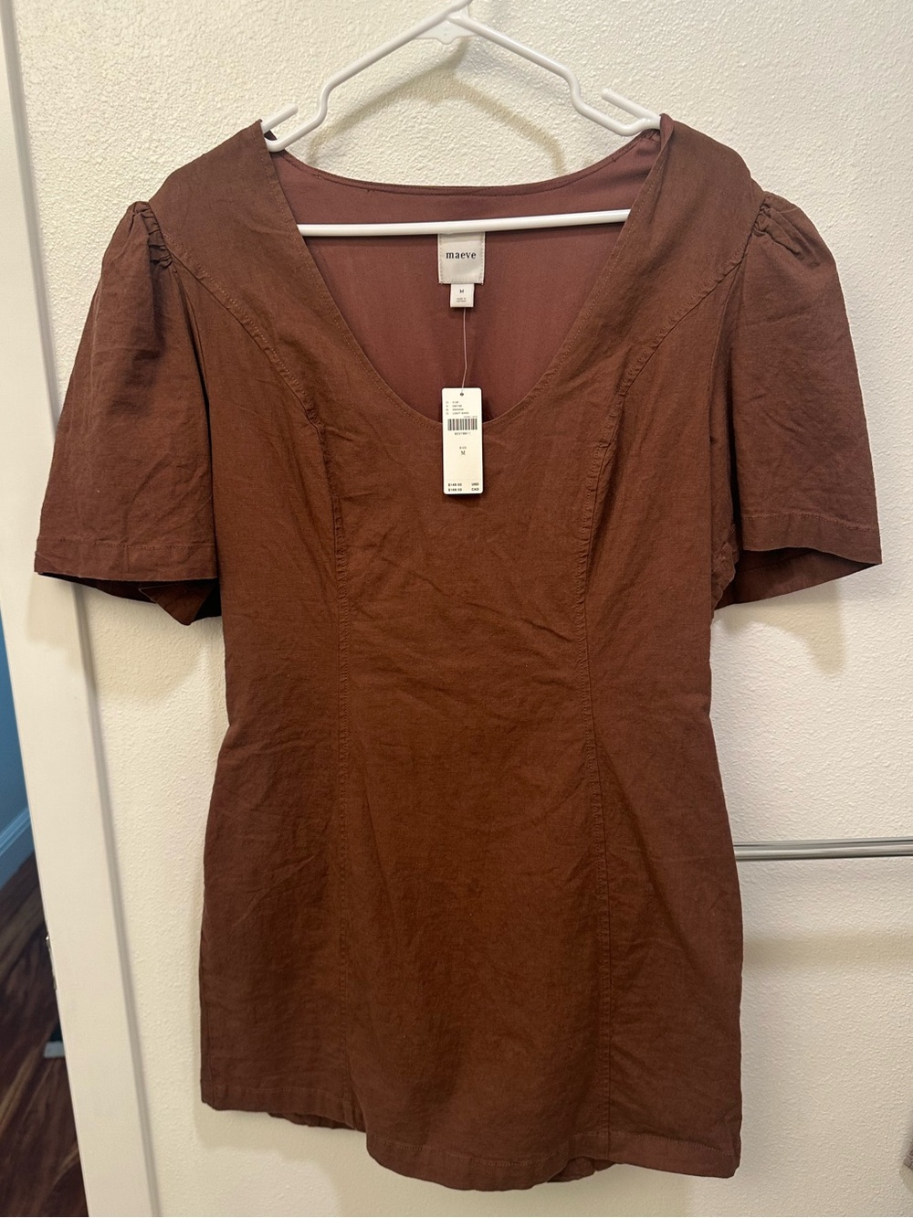 Maeve Brown Puff-Sleeve Scoop Neck dress